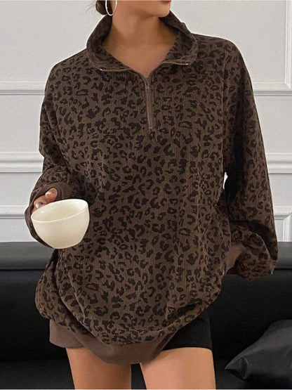 Women's Casual Leopard Print Zip-Up Long Sleeve Sweatshirt - Loose Fit, Half-Zip Design, Brown & Black Retro Style, Cozy Fall/Winter Wear, Leopard Print Sweater
