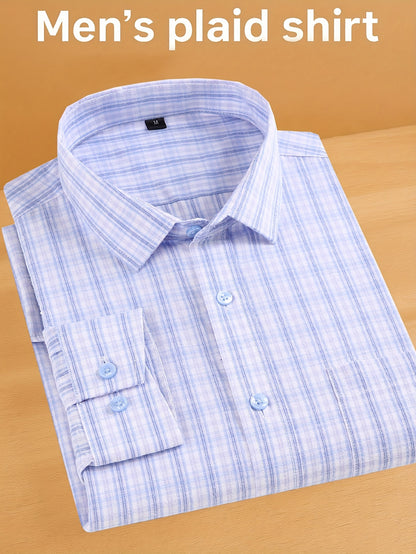 Men's Navy Blue & White Plaid Cotton Long-Sleeve Shirt - product view 24