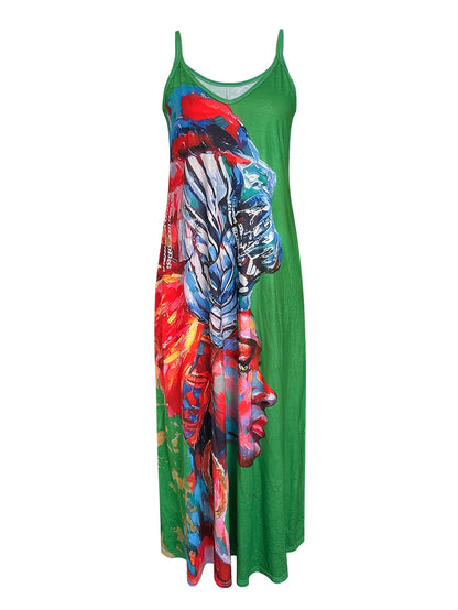Women'S Long Dress Featuring a Portrait Print, Designed in a New European And American Style with Straps for Summer