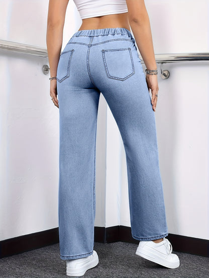 [Drawstring Waist Jeans] Plus Size Women's Drawstring Waist Straight Leg Jeans | High Waist Stretchy Washed Denim | Casual Trendy Comfy Jeans for Daily Wear | Flattering Fit