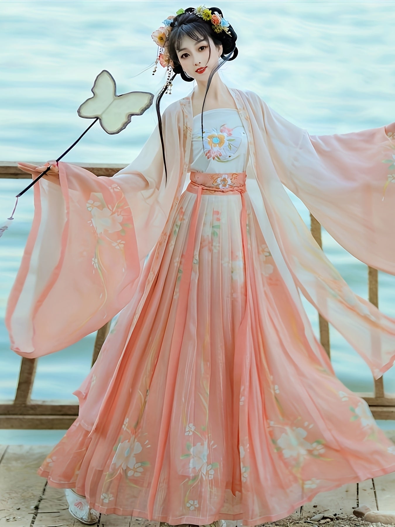 Pink Hanfu with Petal-Like Flowing Skirt And Butterfly Embroidery