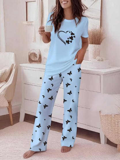 Round Neck Cross Printed Top Short-Sleeved Gradient Wide-Leg Pants Casual Loose Two-Piece Set