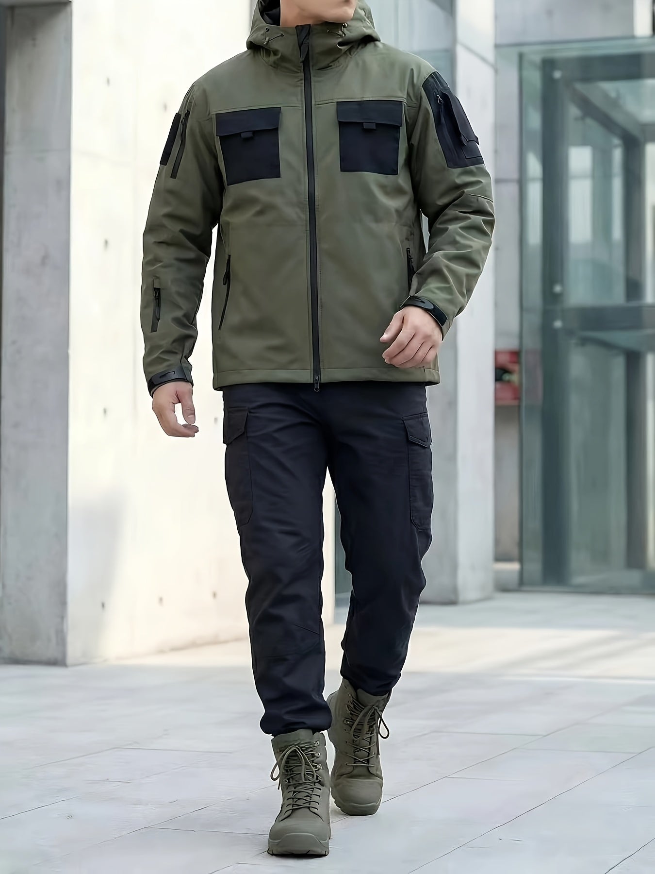 Men's Windproof Outdoor Jacket - Heavy-Duty Full-Zip Hooded Coat with Zippered Pockets, Scratch-Resistant Shell for Hiking, Camping, Hunting (Belt Included) Adjustable Hood -All-in-One Outdoor Shell Coat for Camping Essentials, Rugged Design, Durable