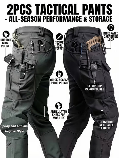 2pcs, Men's Lightweight Tear-resistant Work Hiking Pants with 9 Pockets | Elastic Waist, Non-Elastic Fabric, Solid Color, Ideal for Outdoor Activities Such as Mountaineering, Rock Climbing, Camping, Fishing, Hunting