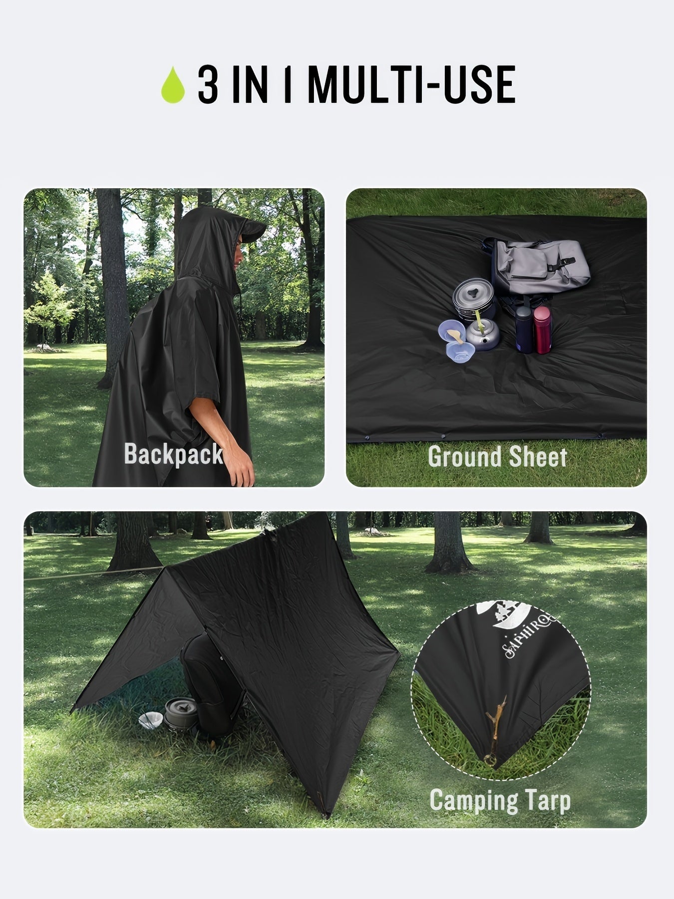 3-In-1 High Quality Hooded Rain Poncho with Side Pockets - Durable Polyester, Windproof for Outdoor Activities Like Camping, Hiking & Cycling