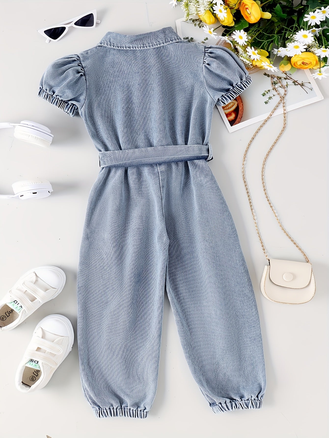 2 Pack Girls Faux Denim Jumpsuit With Belt Long Sleeve Romper Outfit Spring Summer Kids Casual Play Clothes, for Outdoor