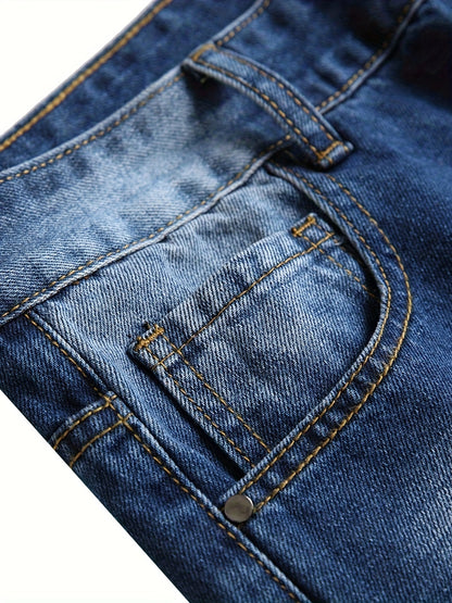 Men's Slim Fit Distressed Jeans - Straight Leg Ripped Denim Pants, Street Style, Blue Denim with Golden Thread Details, Machine Washable, Comfortable & Stylish for Casual Attire, Casual Everyday Jeans | Stylish Casualwear | Jeans