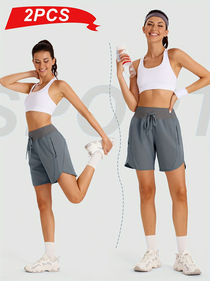2-Pack Athletic Shorts for Women - Breathable Stretchy Quick-Dry Durable with Waistband for Running Gym Tennis Summer Running Short