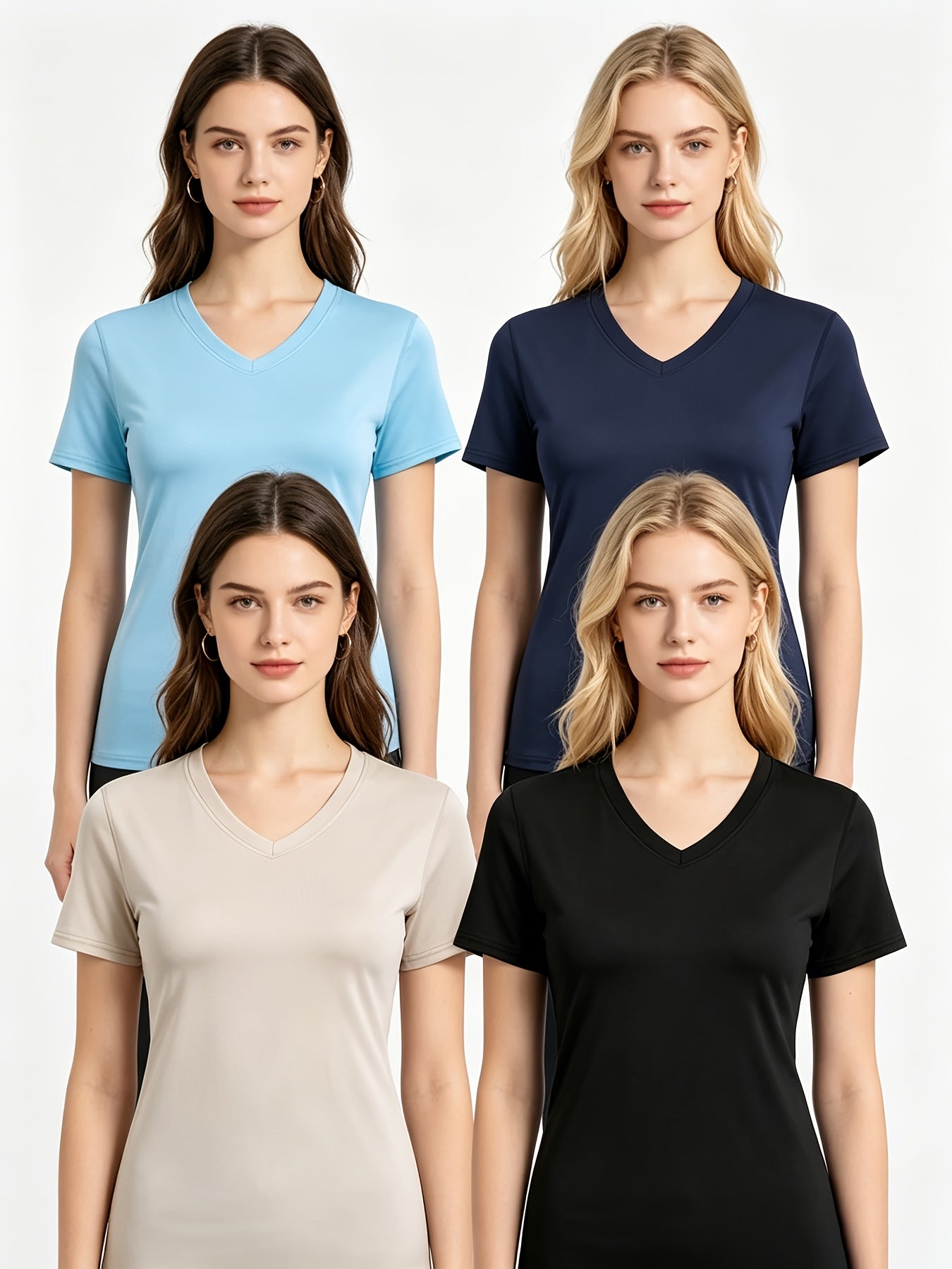 4pcs Women's Barely There Sports T-Shirts V-Neck, Pullover Short Sleeve Tops, Stretchy, Quick-Dry, Breathable, Soft for Workout, Fitness, Running, Yoga, Pilates