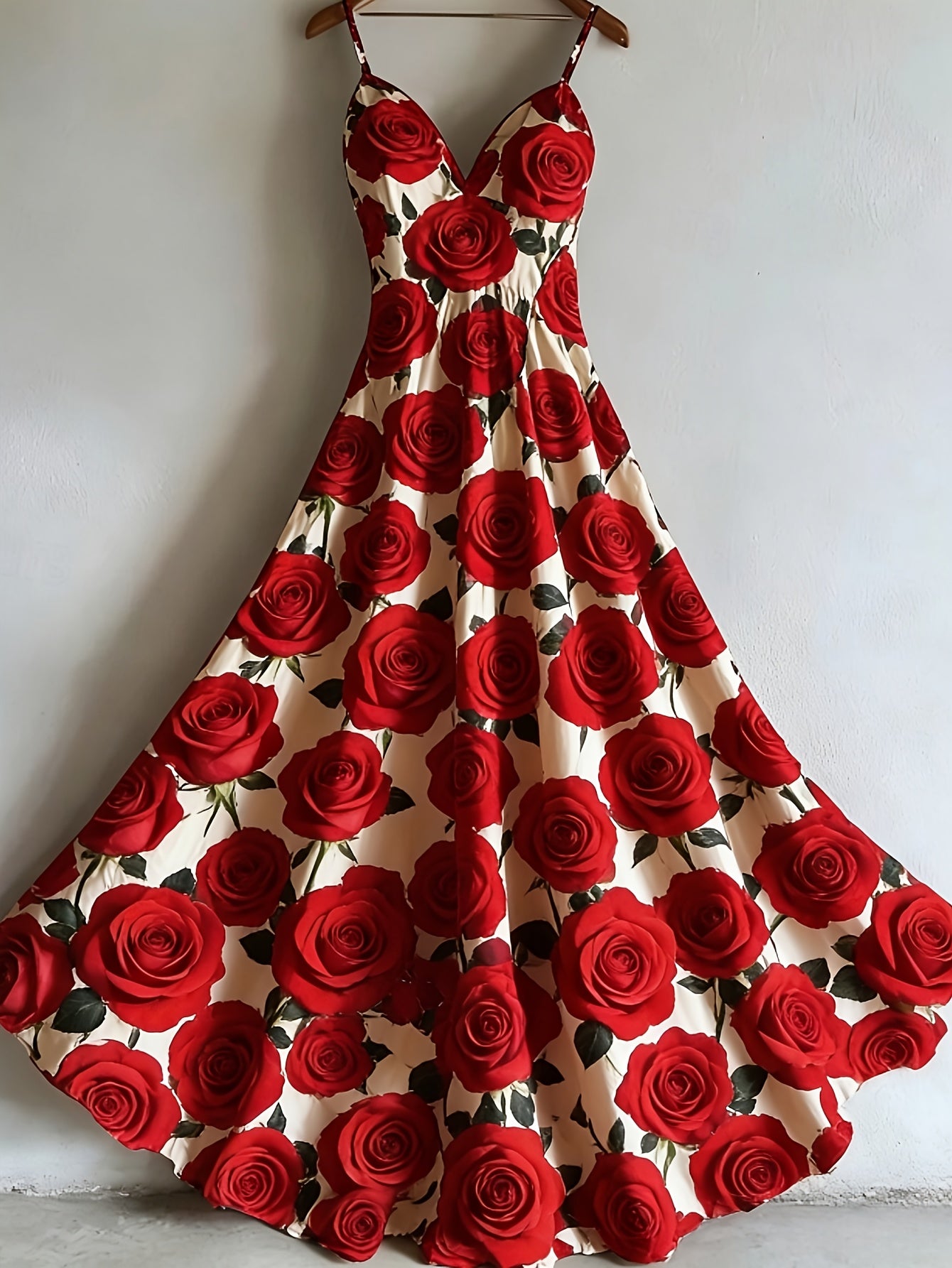 Women's Patriotic Maxi Dress - A-Line Silhouette, Suitable for Vacation, Leisure & Beach Outings, Loose Fit, National Flag Pattern, Sleeveless, V-Neck, Red National Flag Design with Built-In Cups