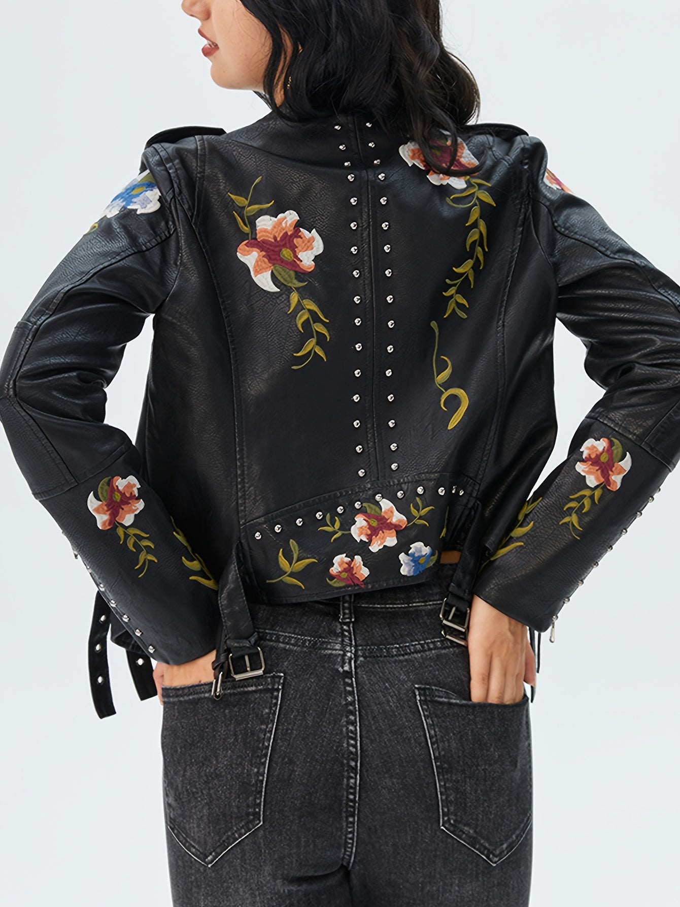 Women's Floral Faux Moto PU Jacket Coat