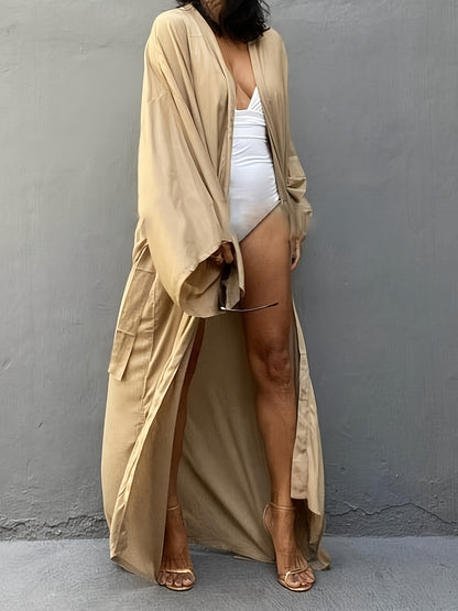 Women's Beige Kimono Cardigan - Casual V-Neck, Long Sleeve with Tie Waist, Lightweight Beach Cover-Up Dress, Breathable & Semi-Sheer for Vacation Layering, Casual Layering Piece|Flowing Beachwear|Breathable Fabric