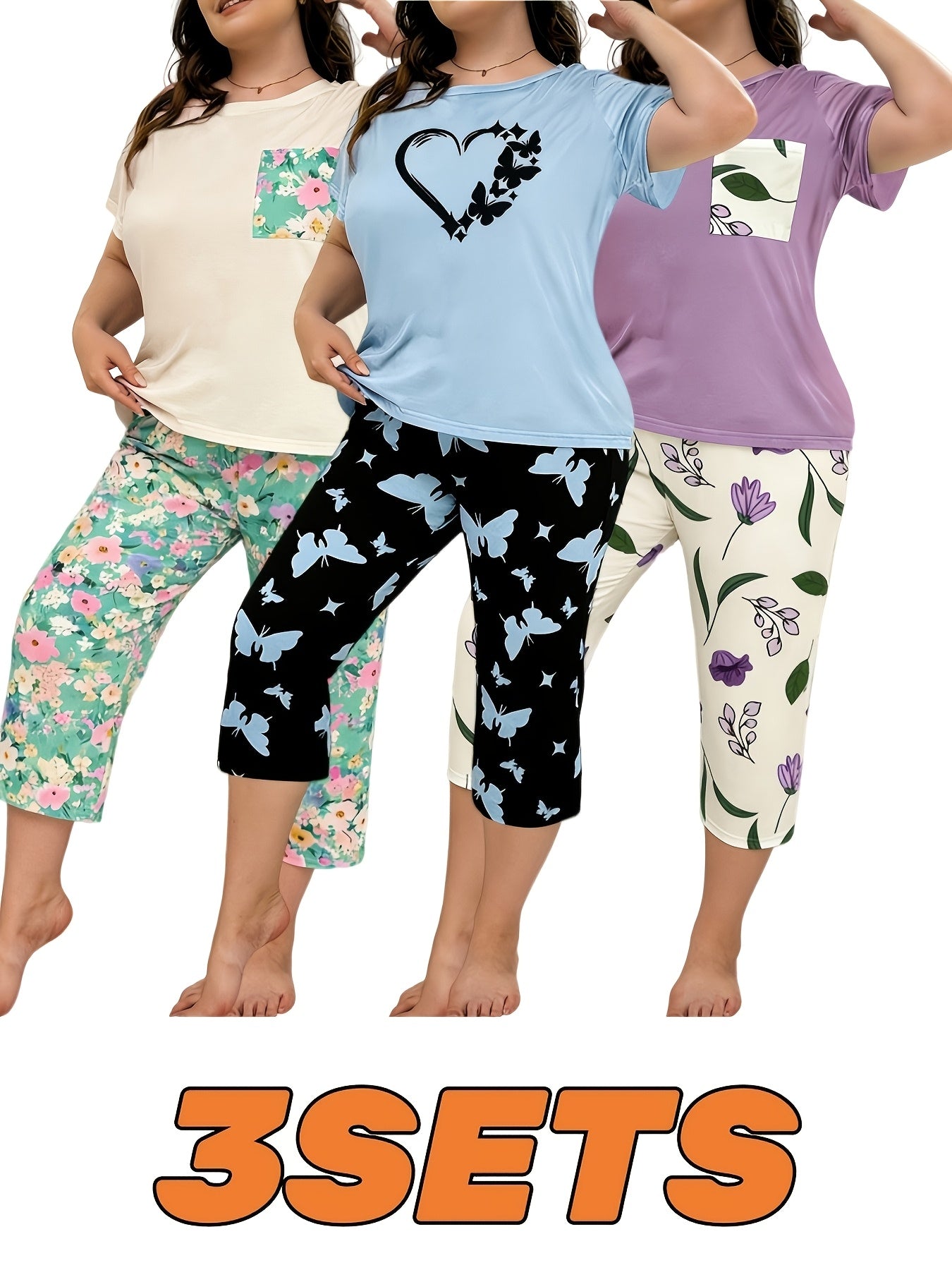 6pcs Women's Print Pajama Set: Short Sleeve Top & Elastic Waist Capri Pants - Soft Polyester Loungewear, Machine Washable Comfortable Home Wear, 3 Sets Of Pajamas