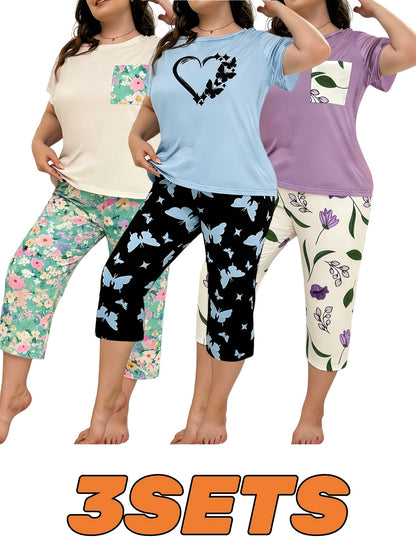 6pcs Women's Print Pajama Set: Short Sleeve Top & Elastic Waist Capri Pants - Soft Polyester Loungewear, Machine Washable Comfortable Home Wear, 3 Sets Of Pajamas