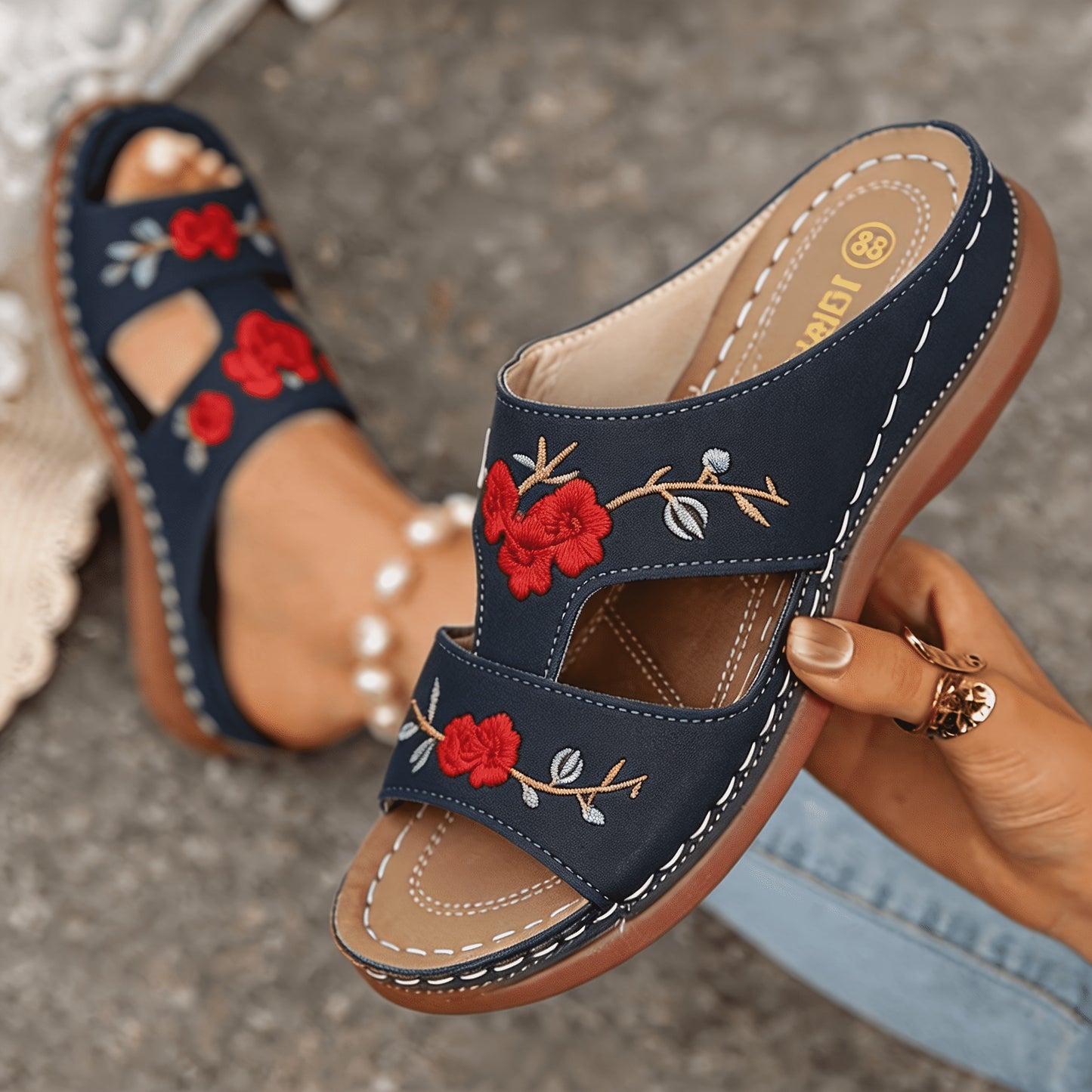 Women's Rose Embroidery Wedge Slide Sandals • Thick Sole Comfortable Casual Summer Outdoor Walking Sandals • Women Shoes for Daily Wear