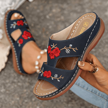 Women's Rose Embroidery Wedge Slide Sandals • Thick Sole Comfortable Casual Summer Outdoor Walking Sandals • Women Shoes for Daily Wear