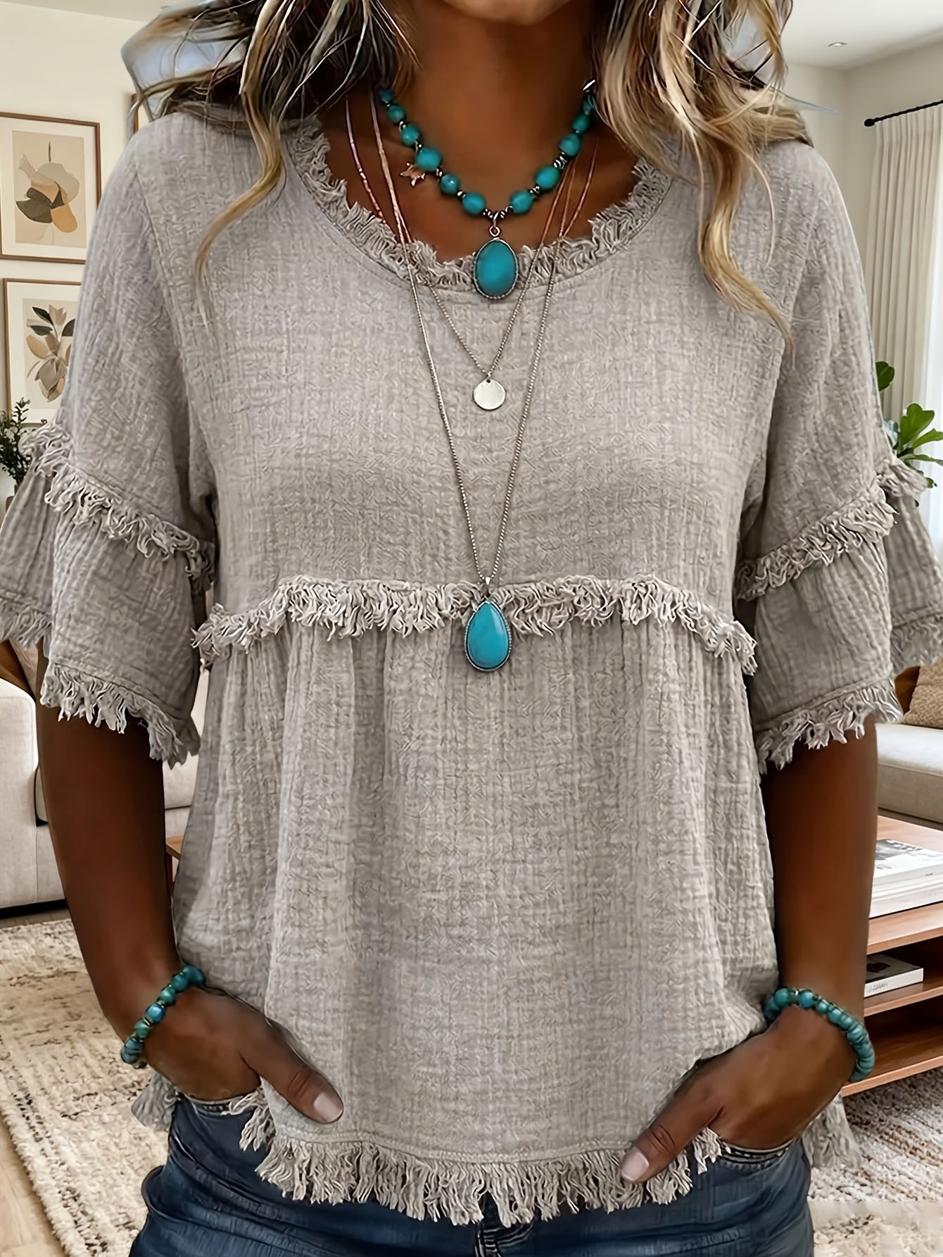 Women'S Round Neck Short Sleeve Casual Blouse with Fringed Trim
