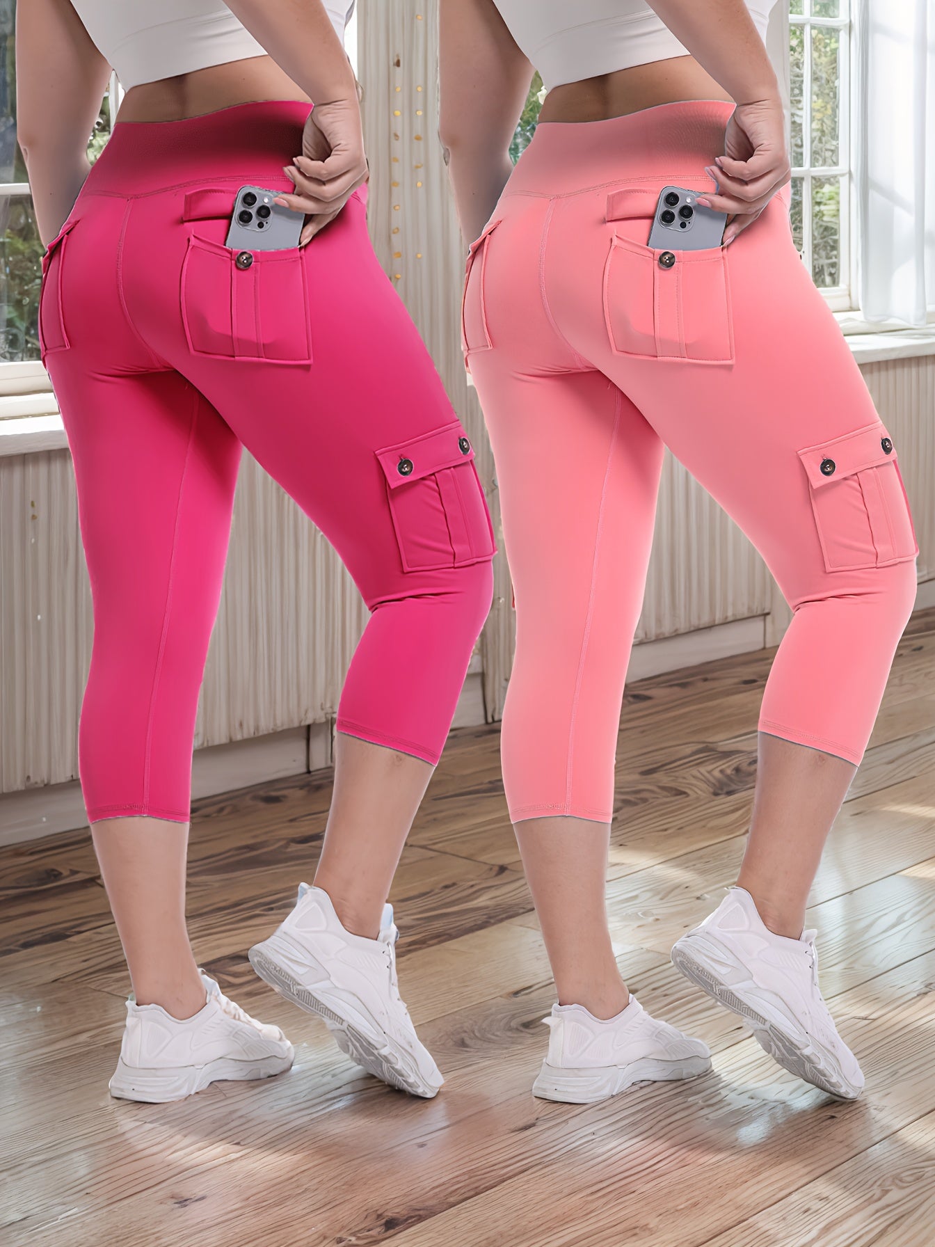 2pcs-Black & Pink High-Waist Leggings - product view 4