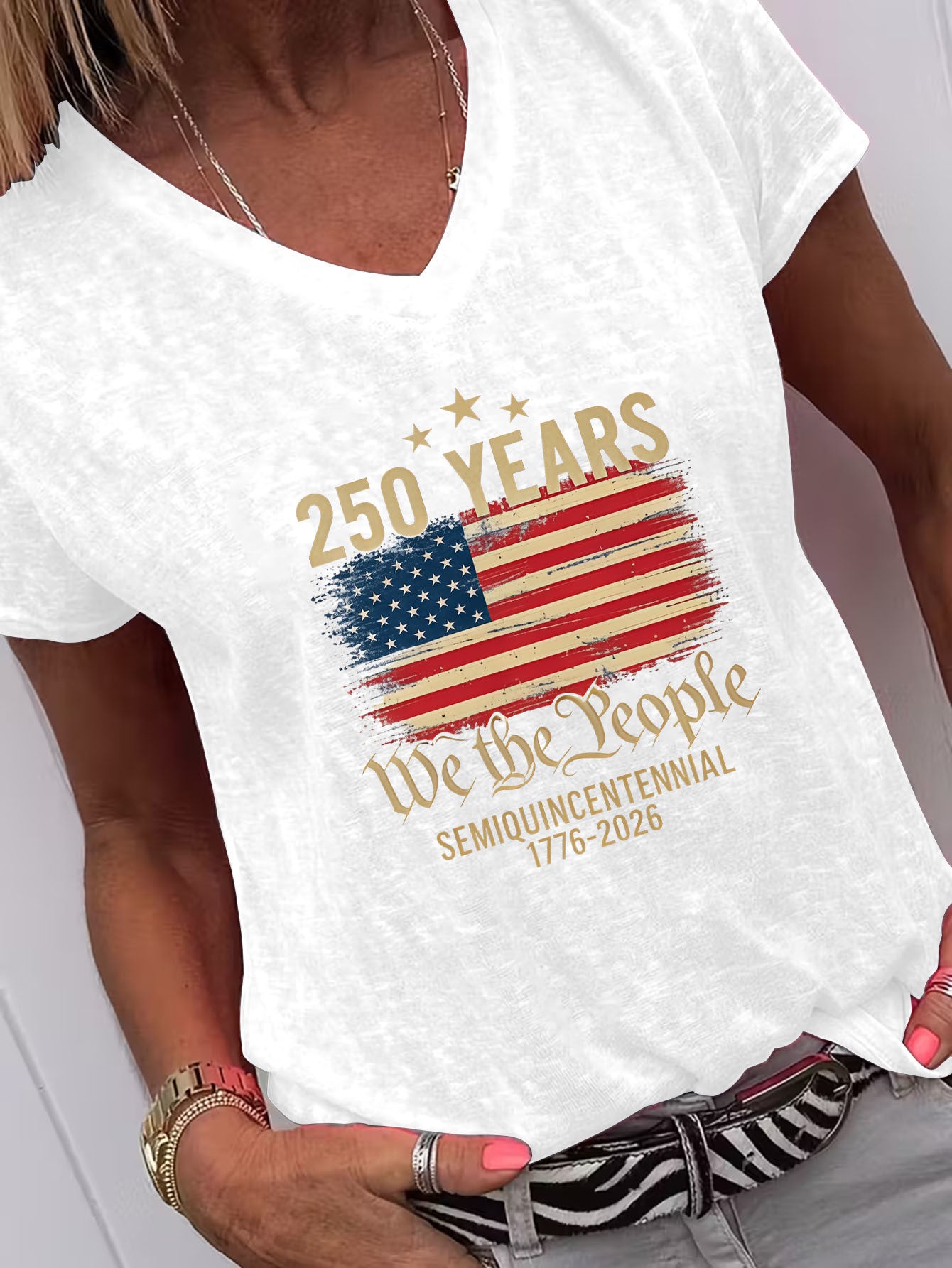 Casual American Flag Print TShirt, Perfect for Home, Outings, or as a Gift, Ideal for New Year, Valentine's Day, and More, 250 Years We the People 17762026
