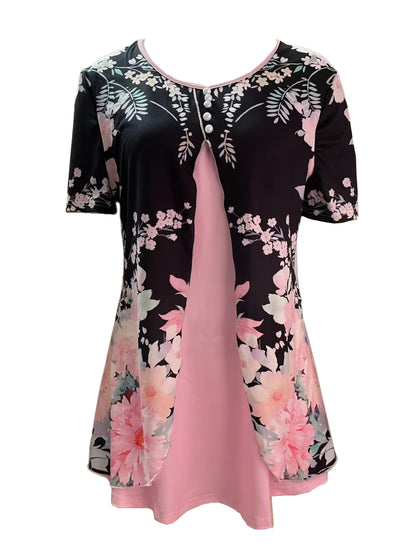 New Summer Short-sleeved Printed Fake 2pcs T-shirt V-neck Fashion Stud Top