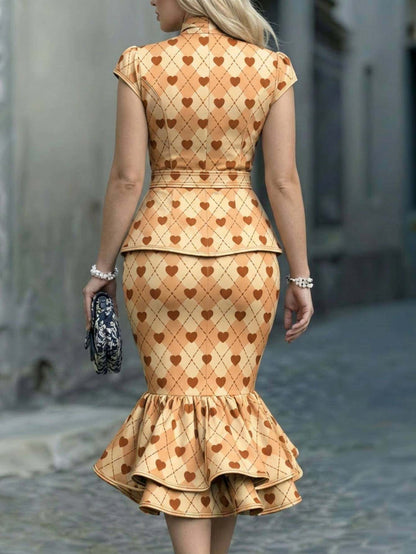 Light Blue Argyle Brown Heart Bow-Neck Waist- Short-Sleeve Top + Mermaid Skirt Women's Retro Set | Exquisite Playful Eye-Catching Style Perfect for Parties, Dating Commutes & Light Social Occasions Looks
