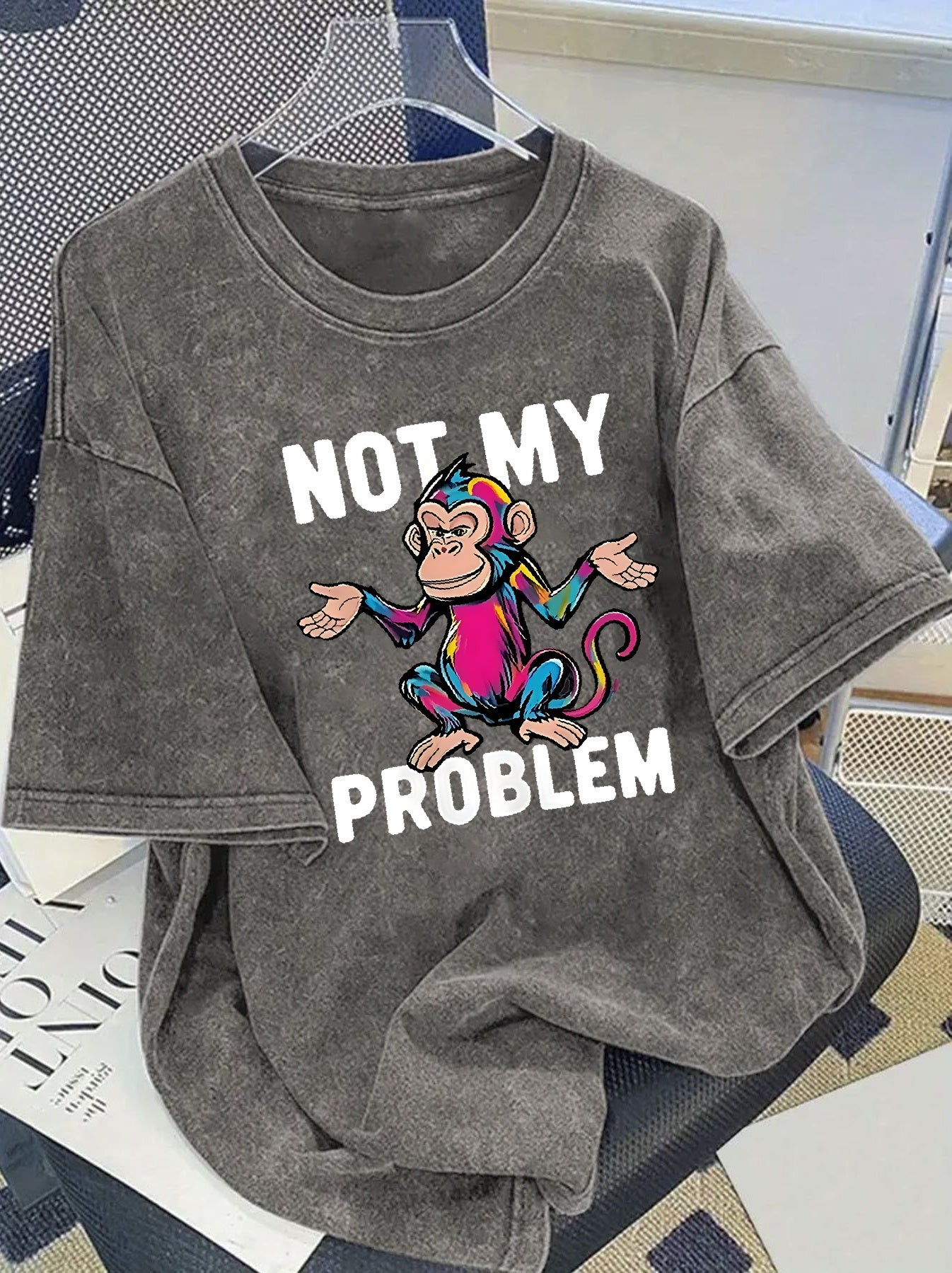 Women's Trendy Printed Washed T-shirt - 230g Thick, Retro Street Style, Round Neck, Short Sleeves, Machine Washable, Perfect for Casual Spring and Summer Wear, Unique Loose Fit Women's T-shirt.