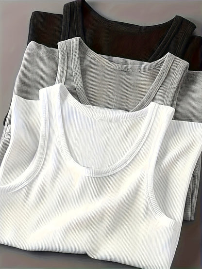 3pcs Simple Tops Pure Cotton Men's Vests And Tops Include Black, White And Gray, Suitable for Daily Wear, Sports, Going Out, Beach And Other Scenes, Spring And Summer Seasons