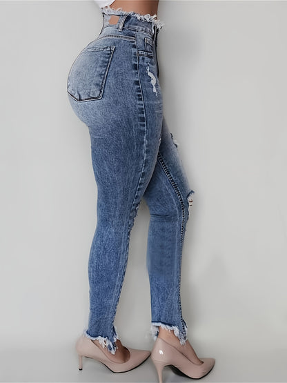 Irregularly Ripped Jeans for Women, Mid-Rise Style, Blue Denim, Featuring a Frayed Edge Design. A Classic And Versatile Choice for Any Season, Part of The New Autumn Collection with Fresh Stock from Local Warehouses. Available at Prices