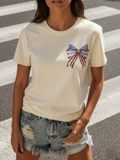 Women's America "Land of the Free" Bow & Flag Print T-Shirt - 4th of July Outfit, Casual Crew Neck Top with Map Design Suitable for Spring Summer, Gift (Local Shipping)