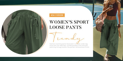 Women'S Lightweight Wide Leg Sweatpants - Summer High Waist Elastic Joggers With Pockets | Cargo Pants For Workout Hiking Travel | Casual Streetwear Athleisure Capri Pants