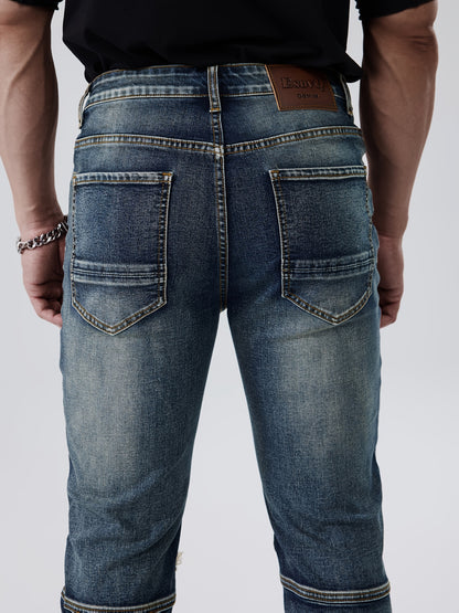 ESDVQ Men's Fashion Patchwork Vintage Washed Jeans - Slim Fit, Stretch Denim with Pockets, Casual Style, Machine Washable - Dark Blue with Light Blue & Black Accents
