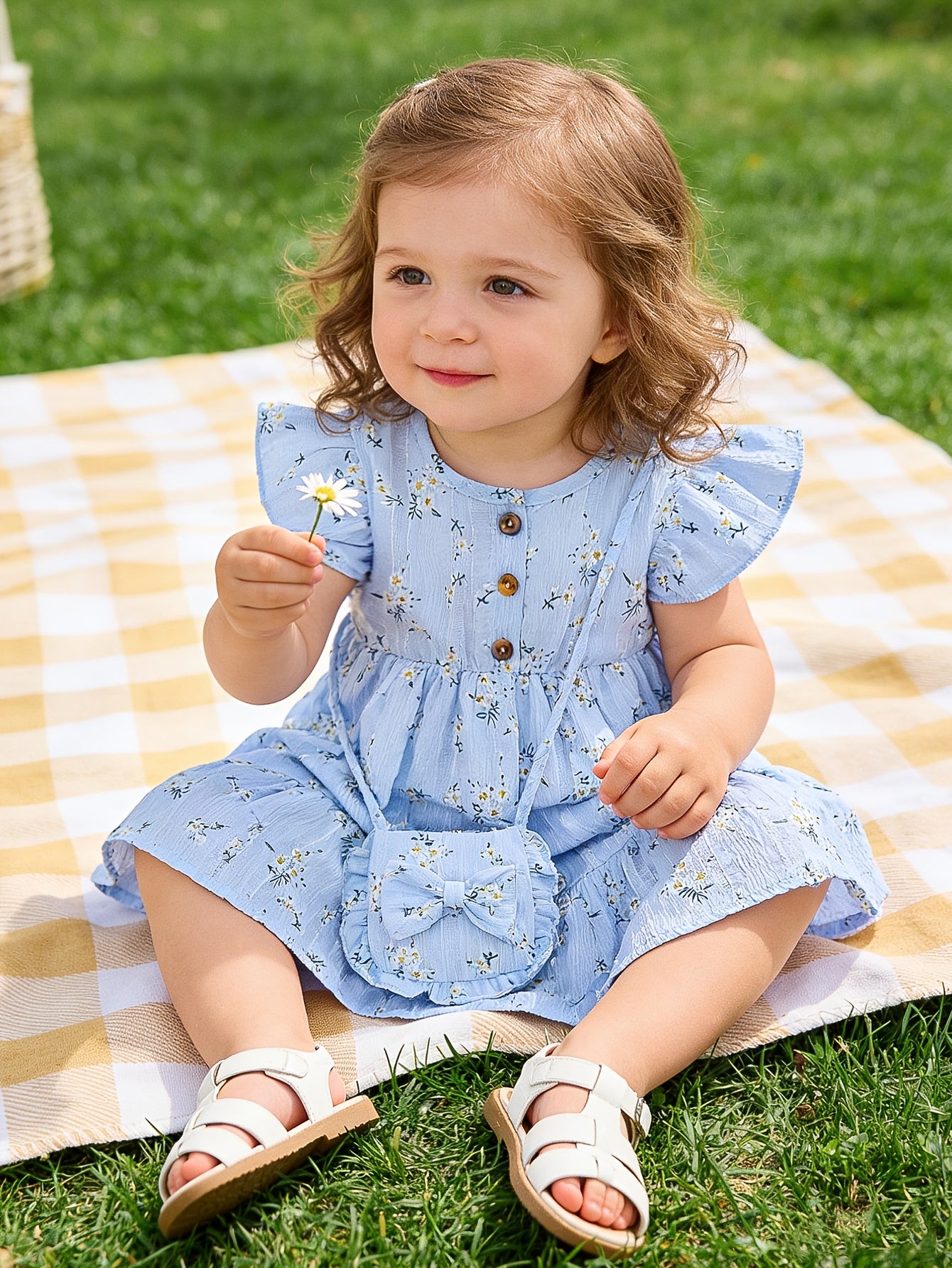 3pcs Casual Baby Girl Blue Dress Set, Small Floral Print and Ruffled Hem Design, with Cute Bag Bow Decoration and Sun Hat, Spring/Summer Princess Drdoor Wedding Occasion, Sister and Little Sister Dresses, Gift