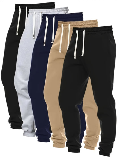 5pcs Men's Casual Sweatpants, Polyester Knit Fabric, Cotton Solid Color, Regular Fit with Pockets, Elastic Waist Drawstring Joggers Ideal Gift, Loose Waist, Spring Clothes, Summer Clothes, Valentine's Day Gifts, Easter Gifts, Discounted