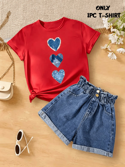 1pc White T-shirt with Blue Heart Print - Stylish Casual Short Sleeves, Unique Design, Perfect for Summer Outfits. Pair with a Fashionable Beige Handbag and Trendy Fashion Glasses for a Complete Look....