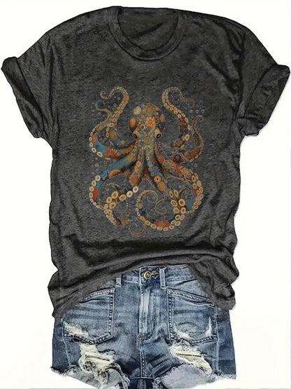 Crew Neck T-Shirt - Fashionable Womens Octopus Graphic Print T-Shirt - Casual Short Sleeve Crew Neck Top - Lightweight & Breathable for Spring & Summer Wardrobe