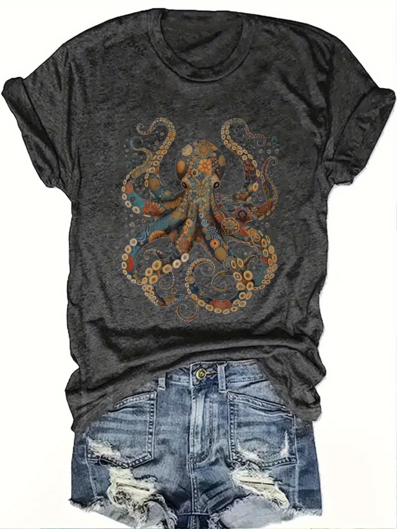 Crew Neck T-Shirt - Fashionable Womens Octopus Graphic Print T-Shirt - Casual Short Sleeve Crew Neck Top - Lightweight & Breathable for Spring & Summer Wardrobe