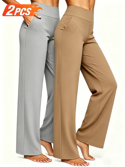 2pcs Women's High Waist Solid Color Wide Leg Pants with Double Pockets, Butt Lifting Slim Fit Trousers, Lightweight Breathable Skin-Friendly Fabric, Versatile for Office Work Daily Streetwear