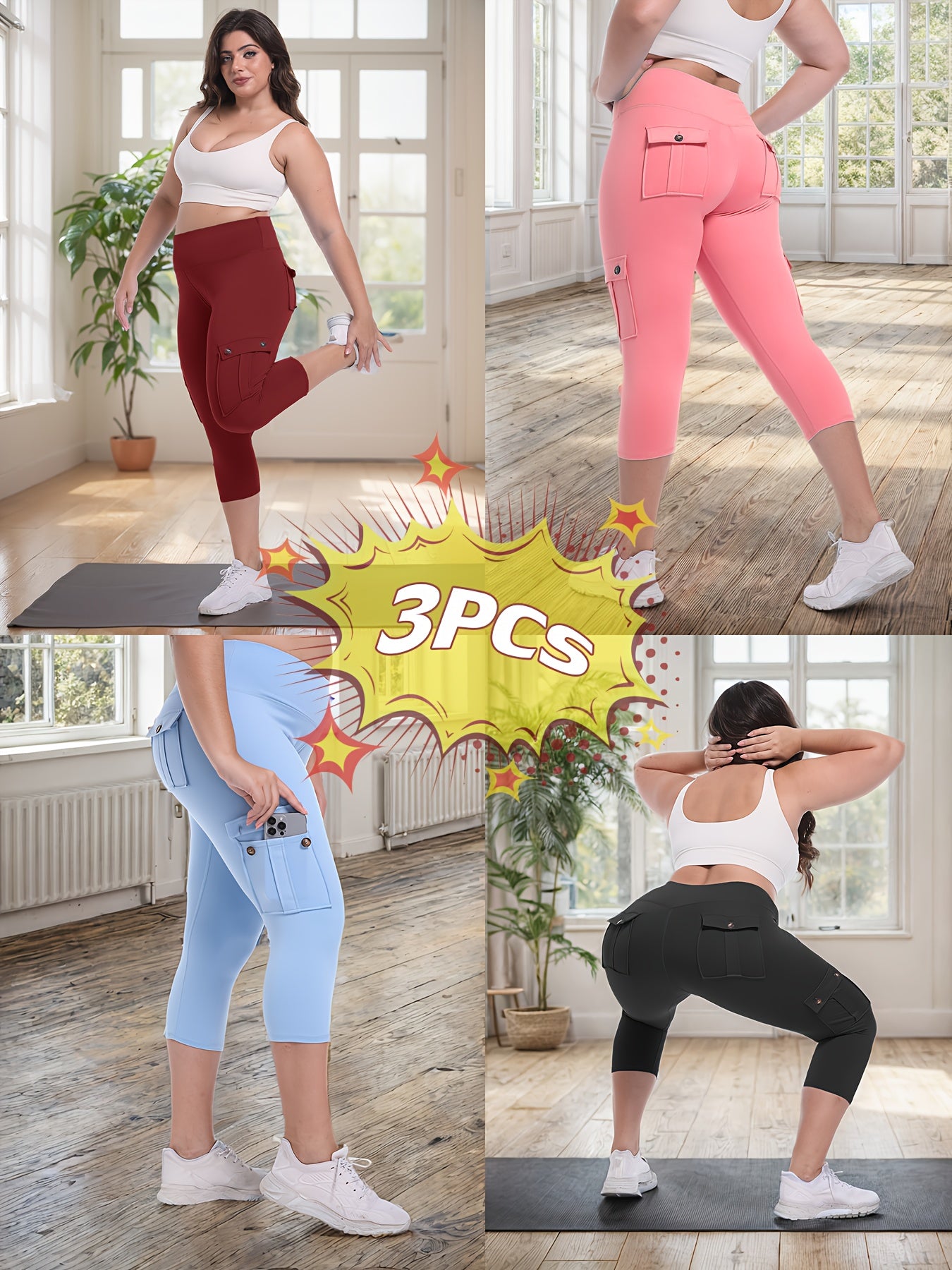 3-packs High Waist Yoga Capri Pants 3pcs Capri Pants Set, 4 Way Stretch Butt Lifting Tummy Control, 4 Button Pockets Workout Running Sports Pants