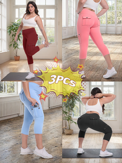 3-packs High Waist Yoga Capri Pants 3pcs Capri Pants Set, 4 Way Stretch Butt Lifting Tummy Control, 4 Button Pockets Workout Running Sports Pants