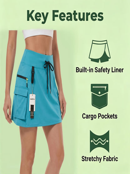 Women's New Summer Polyester Quick-Dry Hiking Workwear Skirt, Outdoor Sports Elastic Waistband Zipper Pocket Tennis Skirt, Golf Quick-Dry Skort