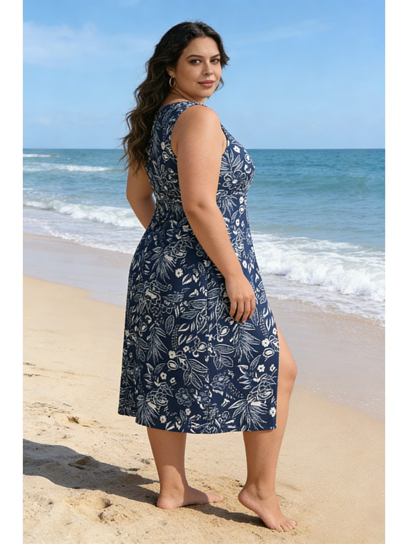 Women'S Large-Size Sleeveless Fitted Halter Dress with Tankini, Blue And White Floral Print Swimsuit, Enhances Figure, Beach Pool Vacation Swimsuit (With Underwear)