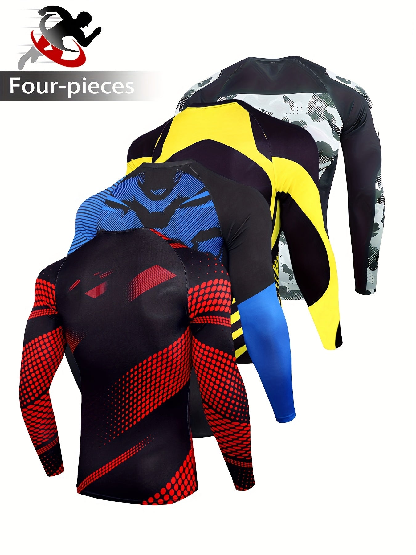 4pcs Men's Quick-Dry Athletic Compression Shirts - Breathable Moisture-Wicking Long Sleeve Tops with Vibrant Tropical Print (Black/White Polka Dot, Blue/Black Gradient, Yellow/Camo, Red/Black Geometric) for Running, Basketball, Cycling, Gym & Outdoor Spor