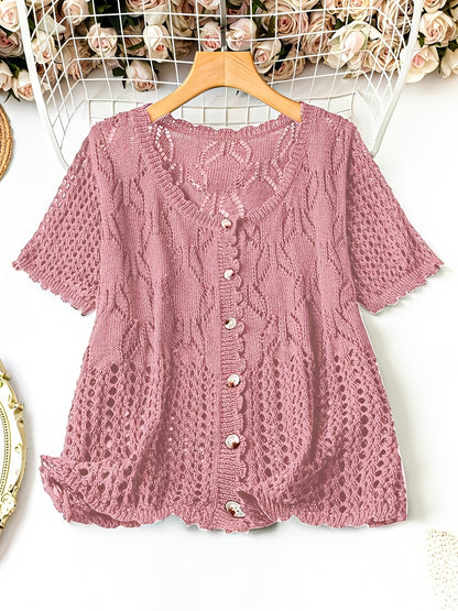Plus Size - Large Size Women'S Casual Cardigan Light And Thin Short Sleeved Pearl Button, Semi Transparent, Round Neck All Season Versatile Layered Top