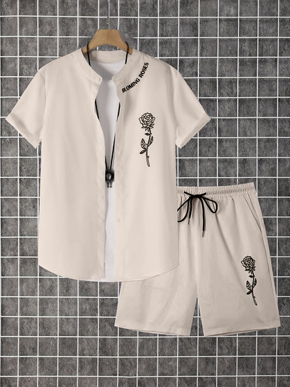 2pcs Printed Men's Summer Short Sleeve Button Shirt and Shorts Set