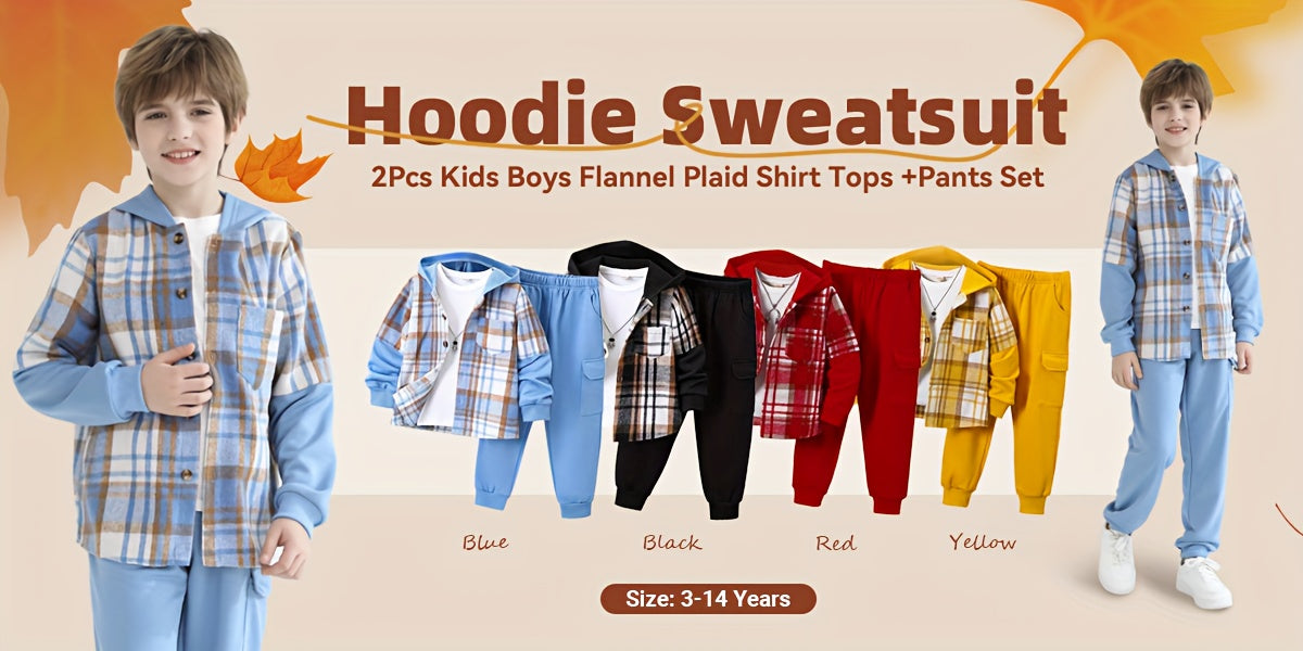2pcs, Autumn And Winter New Boys' Long-Sleeve Plaid Cardigan Suit Boys' Puff Hooded Jacket Boys' Fashion Work Pants, for Outdoor