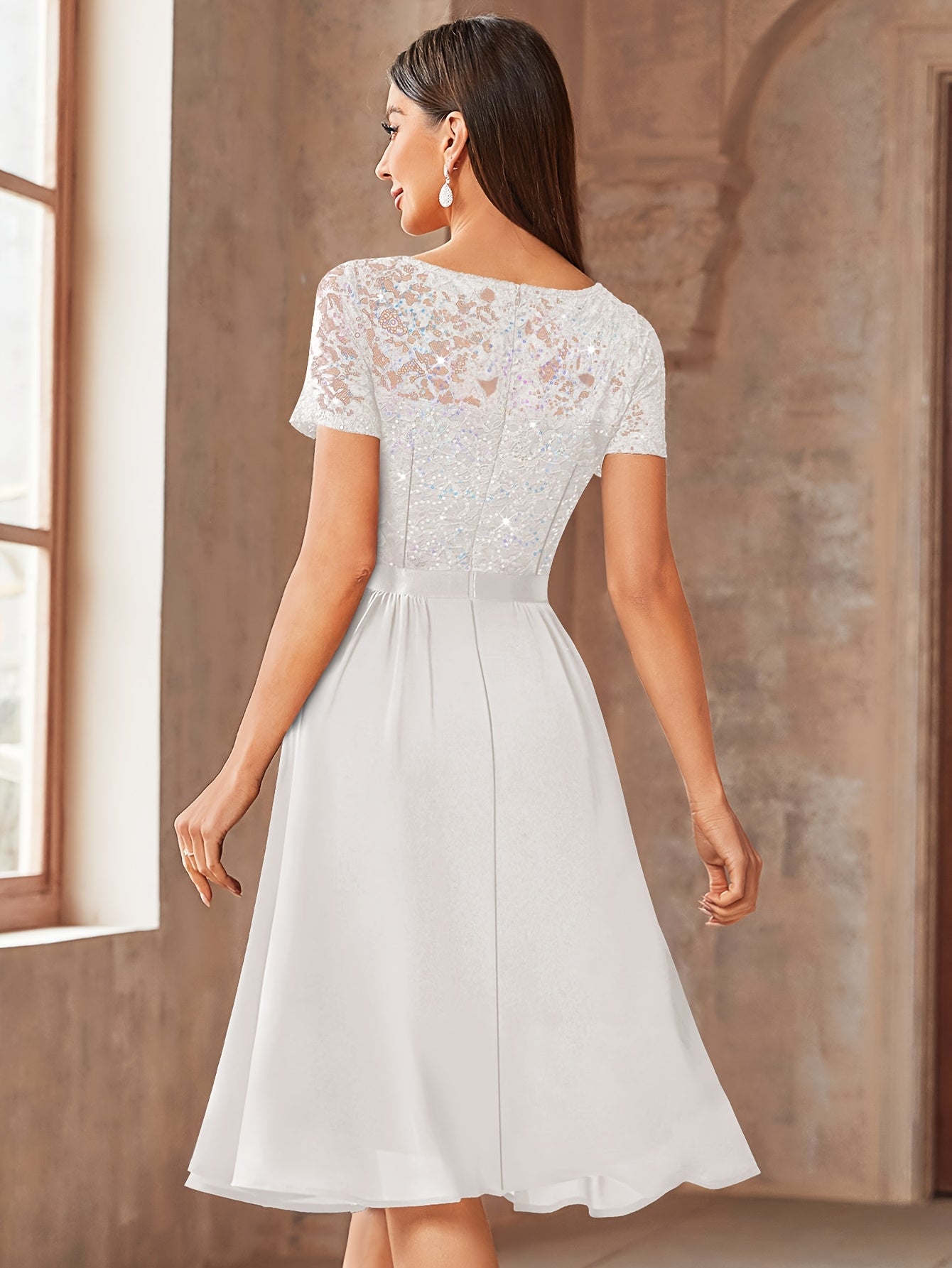 24224 Elegant Womens Sequin Lace Chiffon A Line Bridesmaid Dress, V Neck Short Sleeves, Ruched Ruffle Hem, Perfect for Graduation Season, Wedding Season, Summer Wedding Guest, Evening Party, Cruise Party And Birthday Celebration