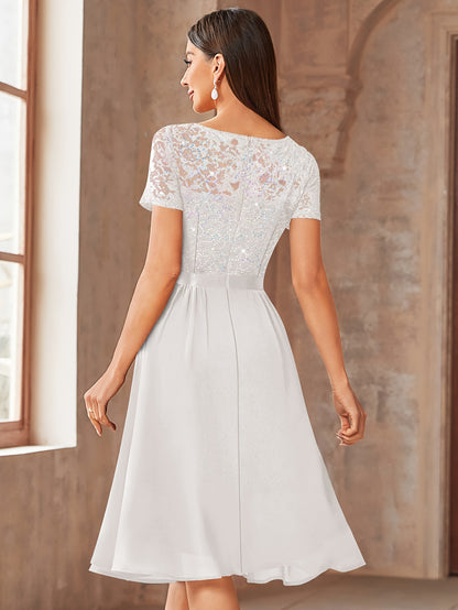 24224 Elegant Womens Sequin Lace Chiffon A Line Bridesmaid Dress, V Neck Short Sleeves, Ruched Ruffle Hem, Perfect for Graduation Season, Wedding Season, Summer Wedding Guest, Evening Party, Cruise Party And Birthday Celebration