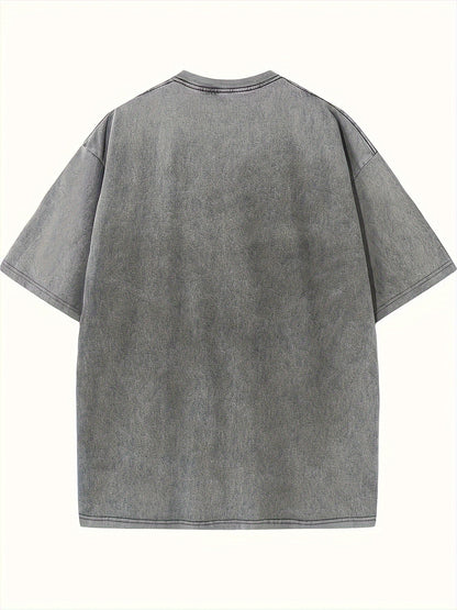 Plus Size, Pattern Printed Women's Retro Washed T-Shirt- 230g Thick, Round Neck Short Sleeve, Retro Street Style, Machine Washable, Spring Summer Casual Wear, Loose Fit T-Shirt