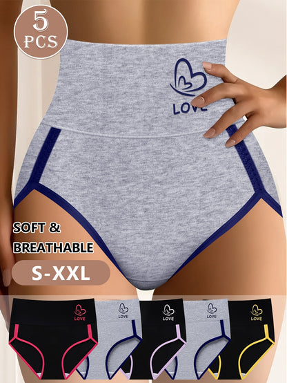 5pcs MIOTAN Women'S High Waist Panties, All Seasons Spring Summer Ultra-Soft Breathable Hip-Fit Briefs, Contrast Color Waist Shaping Tummy Control For Daily Home Office Wear | Ideal Gift For Festival Birthday
