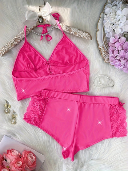 Spring/Summer New Gift Set: Solid Color Lace Trim Halter Neck Tie-Back Button-Up Open-Back Lace Trim Soft Skin-Friendly Sexy Home Sleepwear Set